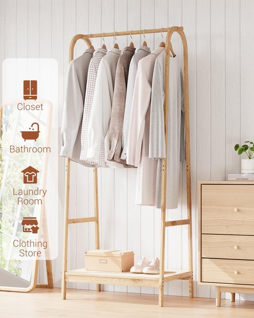 Clothing Rack with Storage Shelf, Bamboo Freestanding Garment Rack for Bedroom, Balcony, Clothes Store, Clothing Storage Organizer, Heavy Duty Clothes Rack for Hanging Clothes, Coats, Skirts, Shoes