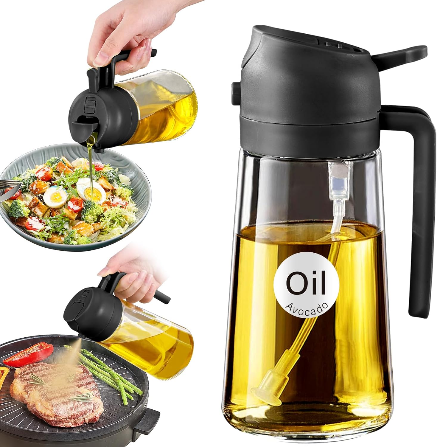 YARRAMATE Glass Olive Oil Sprayer - 16oz with Black Finish | Includes 180ml Measuring Cup & Frother