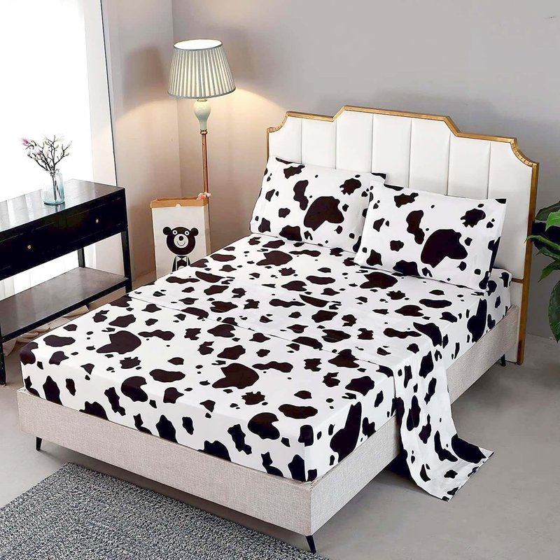 SDY 4PCS Bedding Sheets Set,Cow Print Twin Size,Lightweight Super Soft Deep Pocket Fitted Sheet & Cute Top Flat Sheet & 2 Pillowcases for Kids Boys Girls (Cow,Twin)