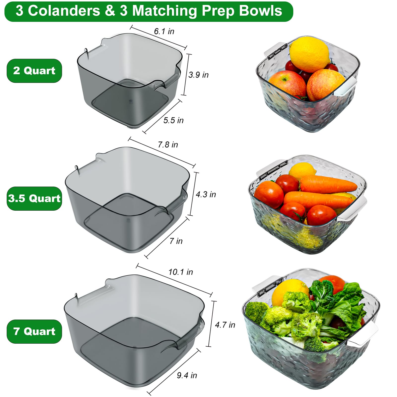 Taiuloo 6-Piece Colander Strainer Bowl Set, BPA-Free Plastic Fruit & Vegetable Washing Basket, Kitchen Colanders & Mixing Bowls for Pasta Berry Salad, 2/3.5/7QT