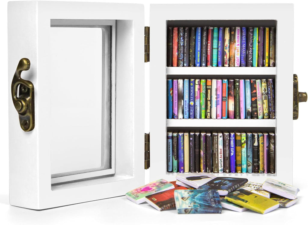 Skiennix Mini Bookshelf | 60PCS Wooden Miniature Book Library for Stress Relief - White Decor Gift