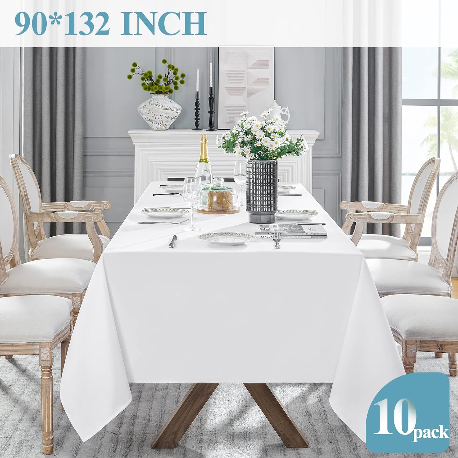 VidaFete Table Cloth - 90 x 132 Inch Rectangle Polyester | Stain & Wrinkle Resistant White Table Cover for Dining & Events