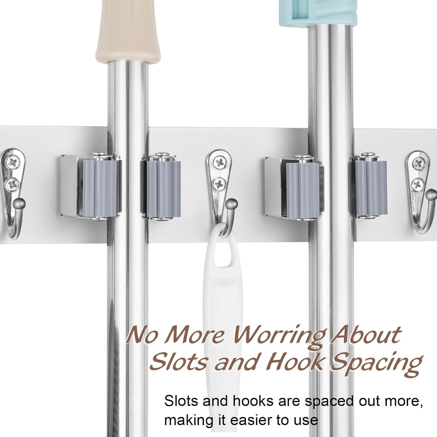 OUTNILI Wall-Mounted Mop Broom Holder - 3 Slots & 4 Hooks for Kitchen & Garden Organization