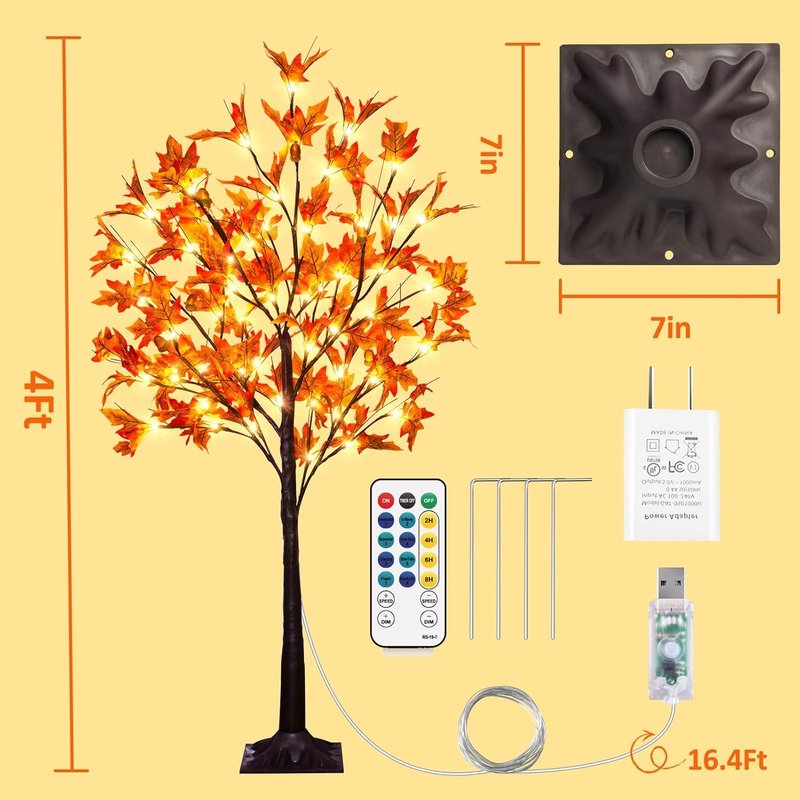 7FT 170LED Fall Maple Tree Light - Thanksgiving Decor Artificial Tree with 17 Acorn, Remote 8 Flashing Modes, Timing, DC 5V Safe for Wedding Party Outdoor Decor (Upgraded Silk-Screened Leaves)