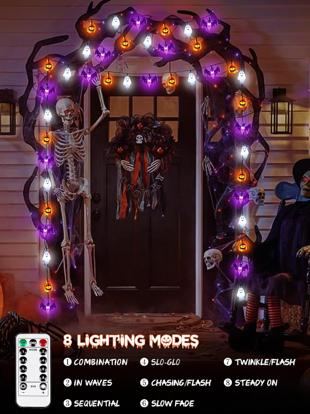 Skiennix Halloween String Lights - 30 LED 3D Pumpkin, Bat & Ghost Fairy Lights | Waterproof, Remote & Timer