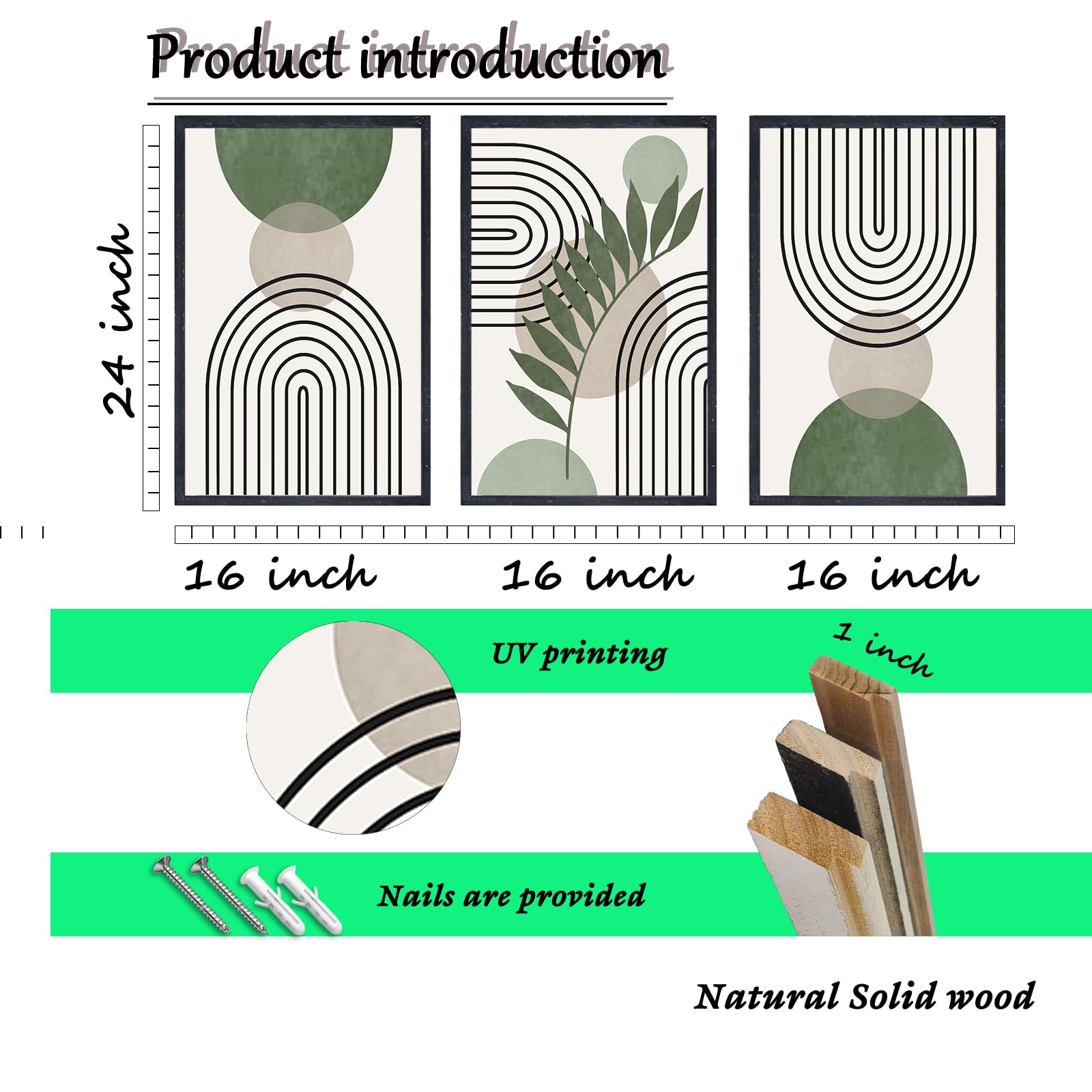 ZZJJHYWGQ Sage Green Boho Wall Art Decor 24"x16" Set of 3 Minimalist Geometric Line Leaf Sun Moon Artwork Paintings Living Room Office Abstract Botanical Soild Wood Framed Sign Wall Hanging (Black)