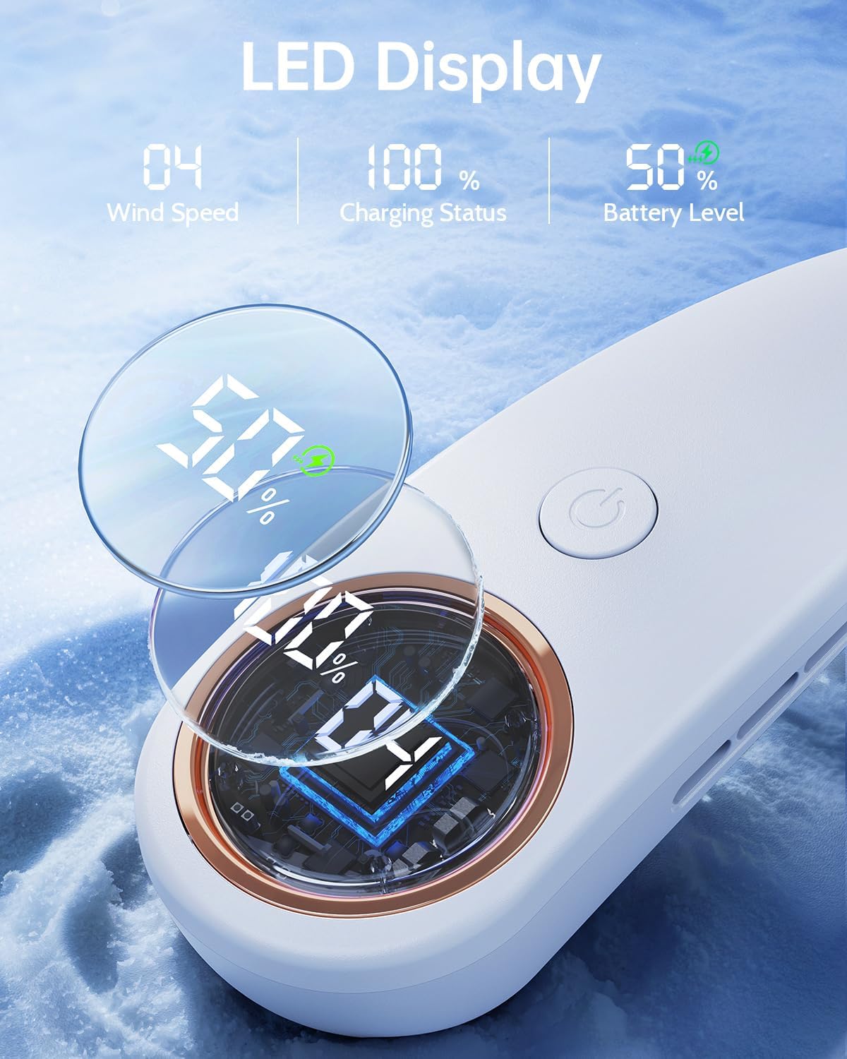 Skiennix Bladeless Neck Fan - Portable USB Rechargeable Cooling Device with LED Display | 4 Speed Settings, 5000mAh Battery (White)