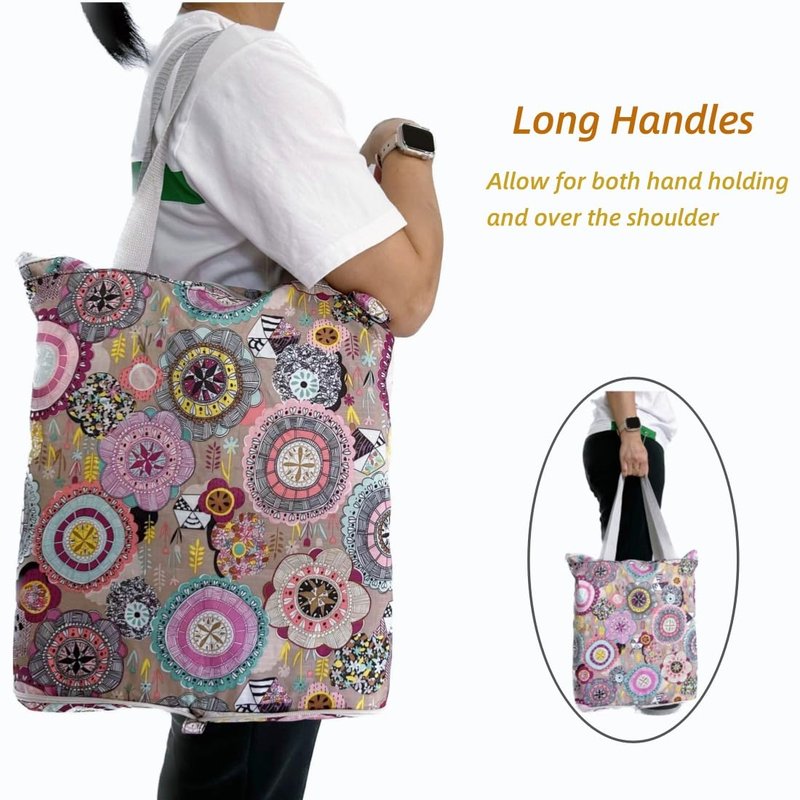 NC Large Foldable Waterproof Lightweight Durable Reusable Grocery Tote Bags, Sturdy Daily Shopping Tote Bag, Colorful Floral Style with Zipper Closure, 2 Pack