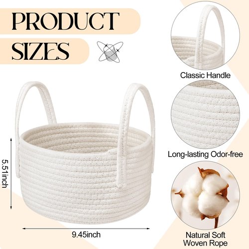 FillTouch 3 Pack Small Woven Baskets with Handles Cute Basket Gift Cotton Rope Baby Woven Nursery Shelf Storage Organizer Bin with Handles White Soft Organizer for Empty Room 9.5'' x 9.5'' x 5.5''