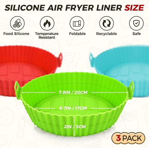Buauty Air Fryer Silicone Liners - 8-Inch Reusable Food Grade Silicone Pot | 3-Pack Baking Accessories