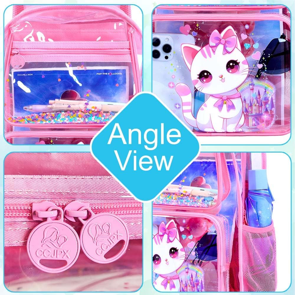 CCJPX 3PCS Clear Backpack for Girls, Kids Cat Transparent Bookbag Heavy Duty, Cute See Through Backpacks with Lunch Box(Pink)