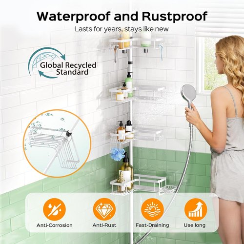 HAMITOR Corner Shower Caddy - 4-Tier Rustproof Bathroom Organizer with Soap Holder & Hooks | Adjustable Tension Pole Rack (47-123 Inch)