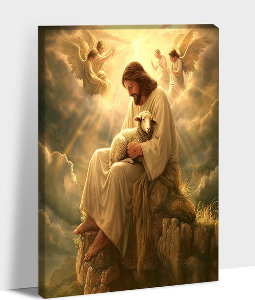Jesus and Lamb Canvas Wall Art, Religious Christian Canvas Prints, Easter Jesus Christ Gifts for Home Wall Decor, God Jesus, the Lamb and Angels Prints Decor for Living Room, Church 18x24 Inches