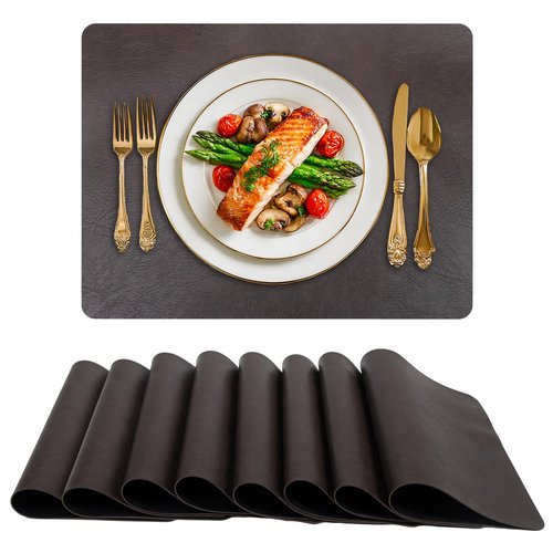 MAONAME Faux Leather Placemats Set of 8, Vinyl Table Place Washable Stain Resistant Heat Insulation Non-Slip, Rectangles Tables Mats for Kitchen Dining Table,Restaurant,Coffee Shop, Black