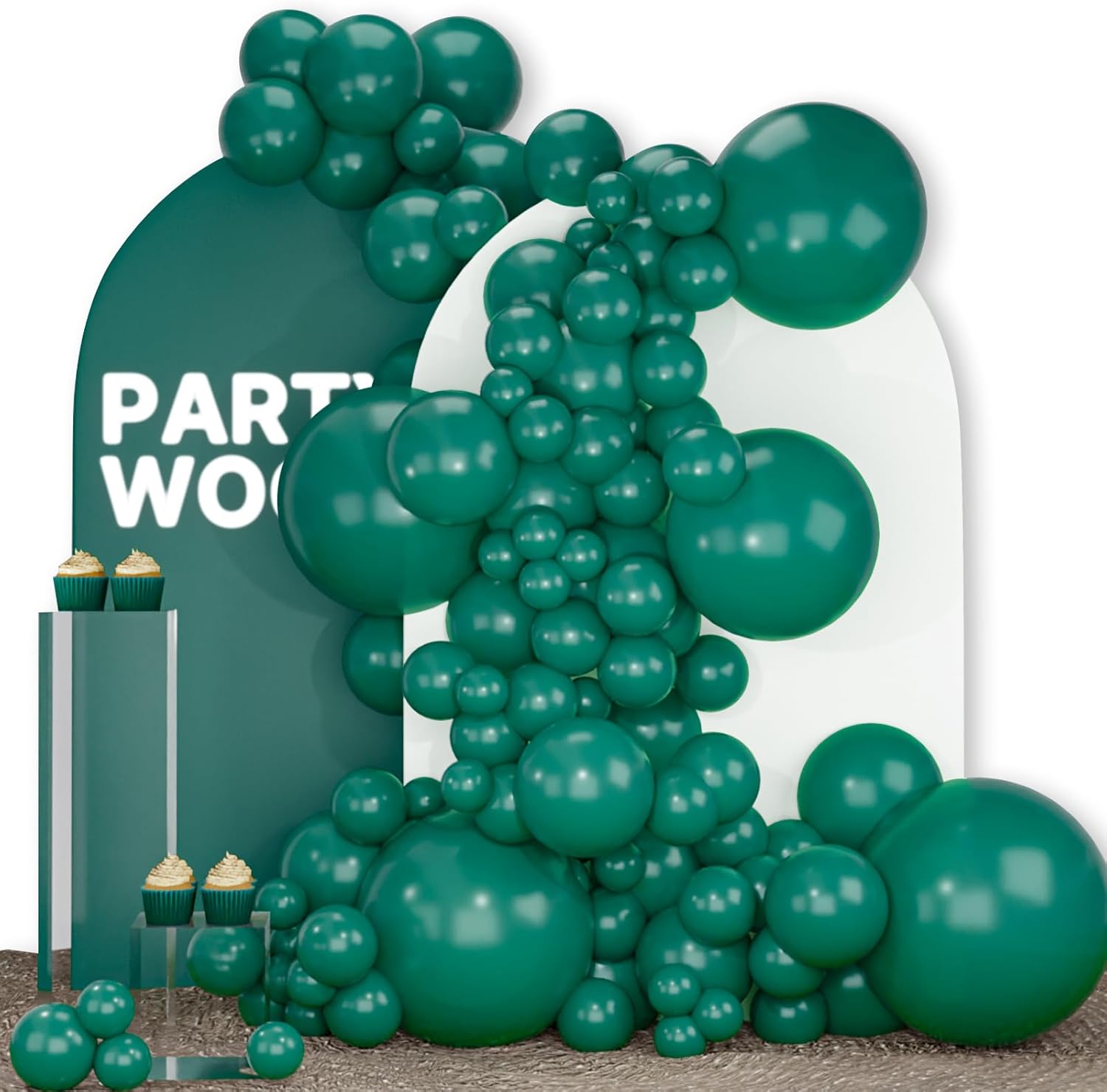 PartyWoo Dark Green Balloons - 140-Piece Jungle Dinosaur Theme Arch Kit | 5-12 Inch Emerald & Hunter Green