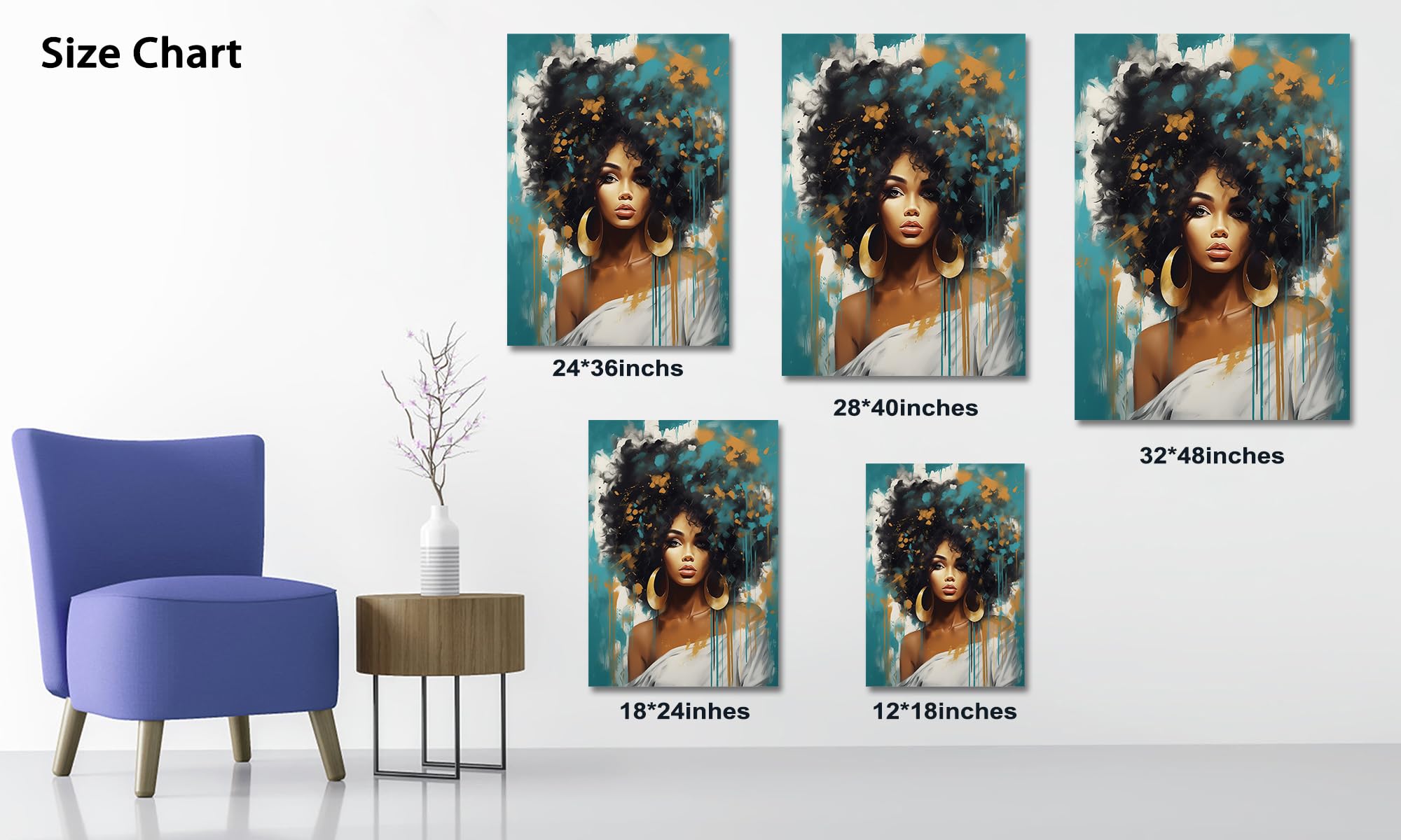 African American Wall Art - Teal Black Girl Wall Art For Bedroom, Black Art Wall Decor For Living Room, Cool Graffiti Black Woman Wall Art Framed Canvas Print Ready To Hang 18x24''