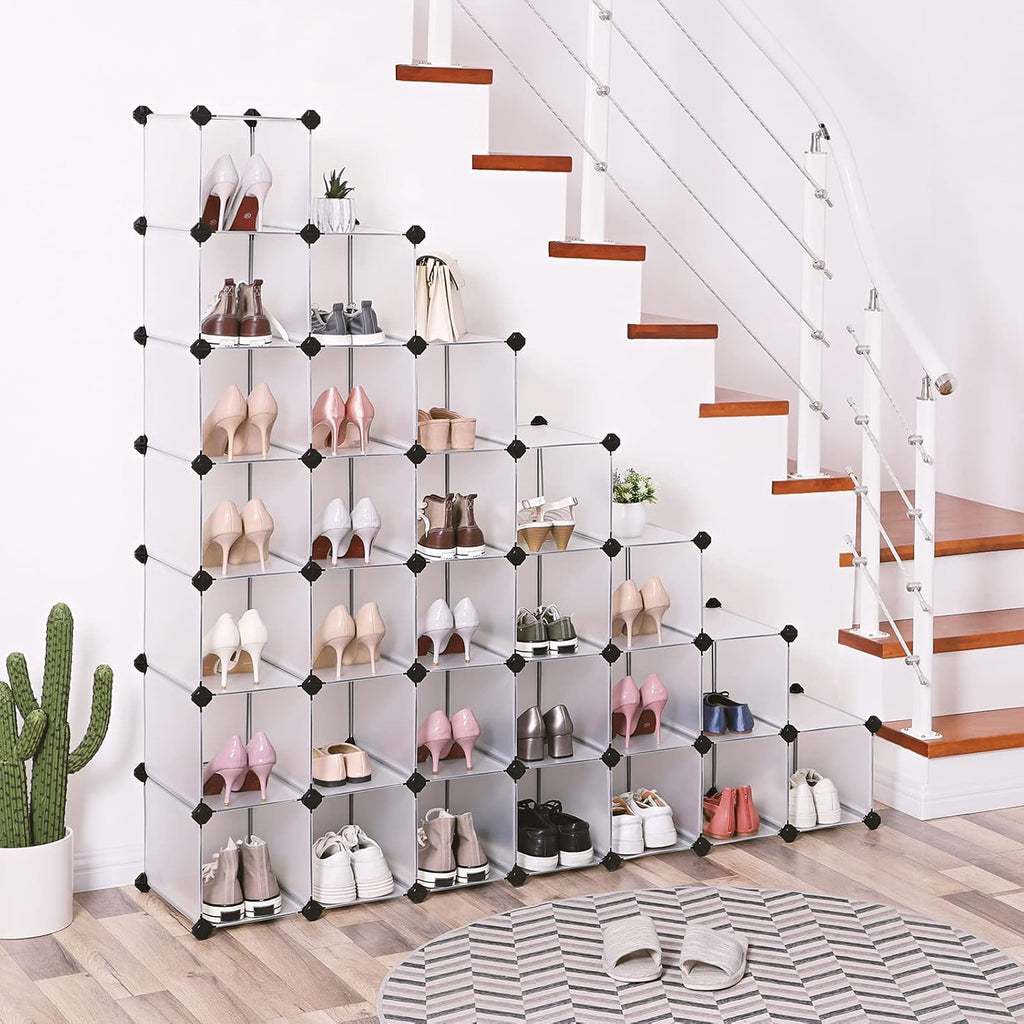 SONGMICS Shoe Rack - 32-Cube Interlocking Plastic Organizer for Closet & Entryway | Space-Saving Design, 13.9 x 35.1 x 54.5 Inches