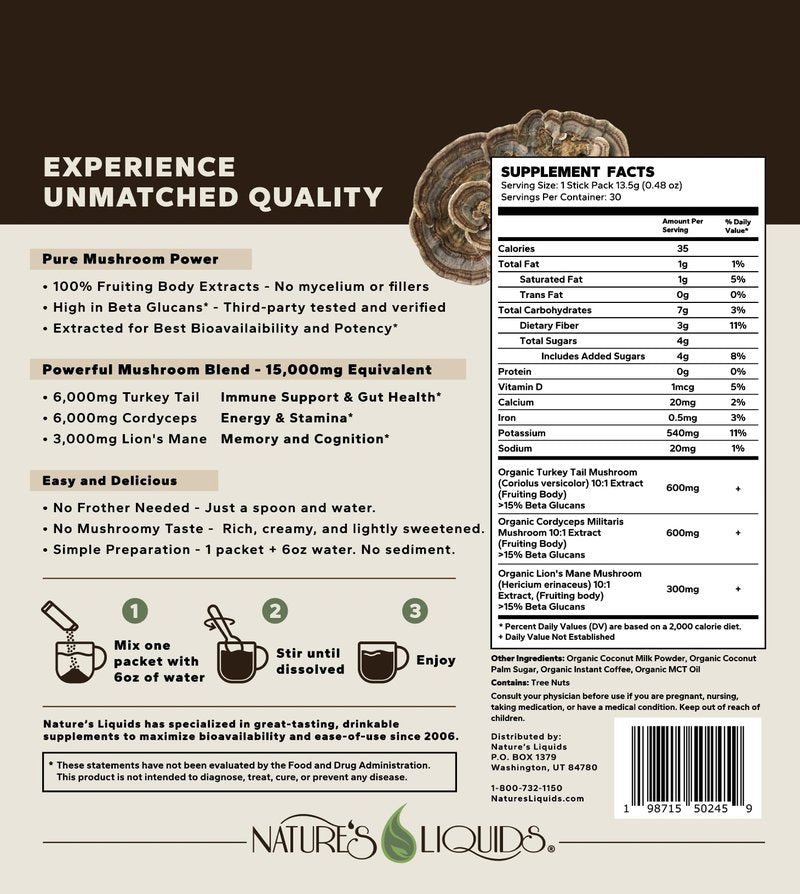 Nature's Liquids Ultimate Mushroom Coffee Latte - 15,000 mg Organic Fruiting-Body Mushrooms per Serving - Lion's Mane, Turkey Tail, Cordyceps - Focus & Immune Support - 30 Stick Packs