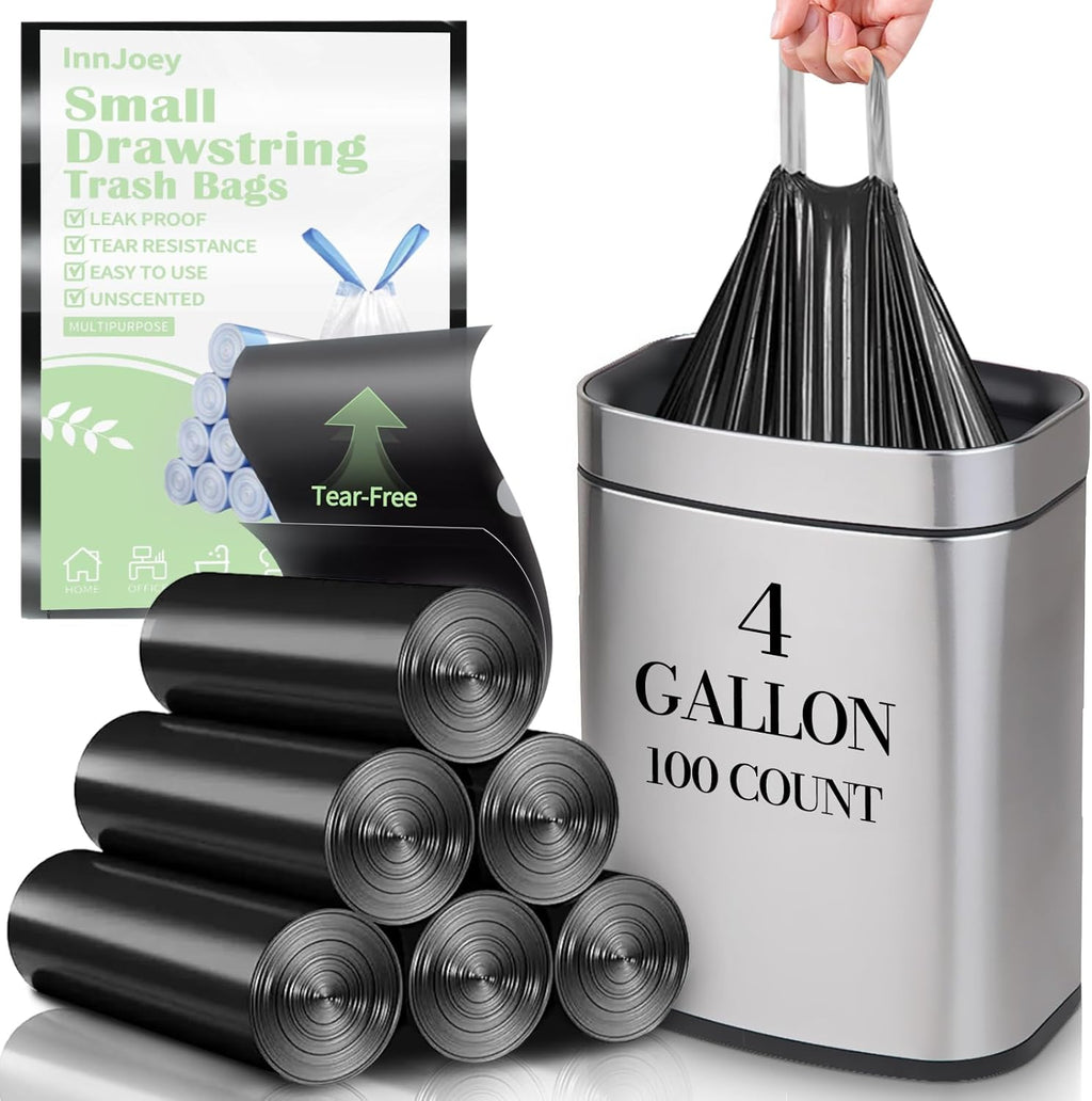 Skiennix 100 Count Small Drawstring Trash Bags - Thick Mini Wastebasket Liners for 4-Gallon Cans | Black