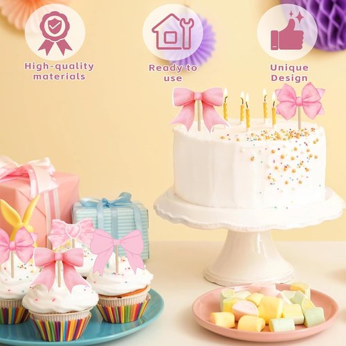 Coquette 48PCS Bow Cupcake Toppers - Pink Bow Cake Decorations for Birthdays & Baby Showers