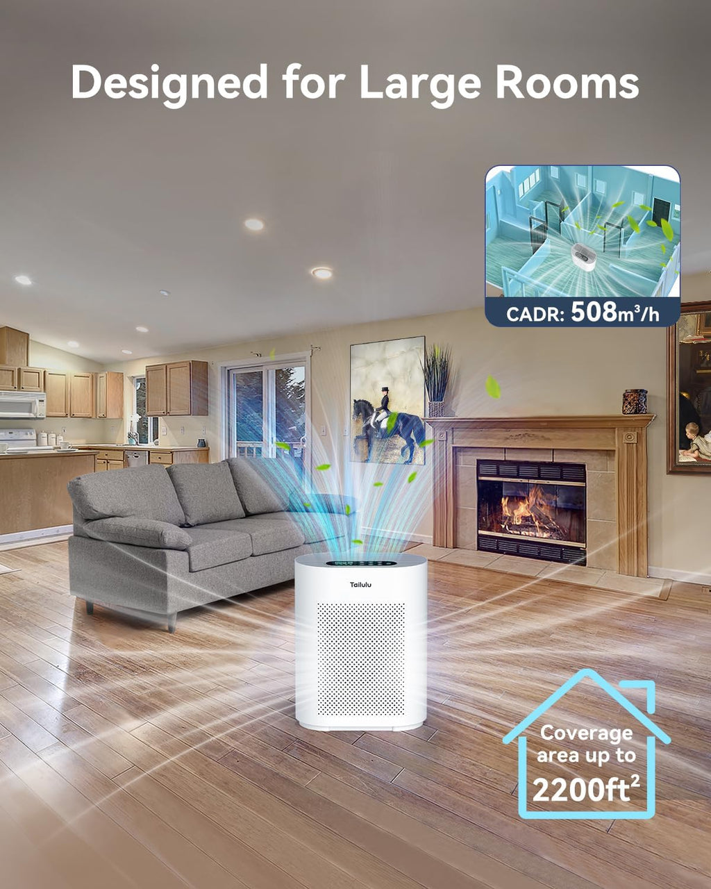 Tailulu HQKJ-180 Air Purifier - Smart Mode, 20dB Sleep Mode, H14 HEPA Filter for Large Rooms Up to 2200ft²