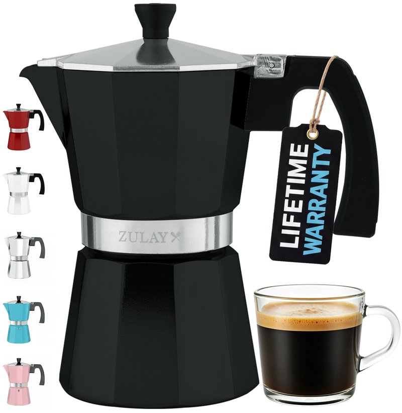 Zulay Moka Pot Espresso Stovetop Coffee Maker - Leak-Proof, Stainless Steel, Easy to Clean, Heat Resistant Handle & Knob - for Authentic Cuban & Italian Style Espresso - Makes 6 Espresso Cups - Black
