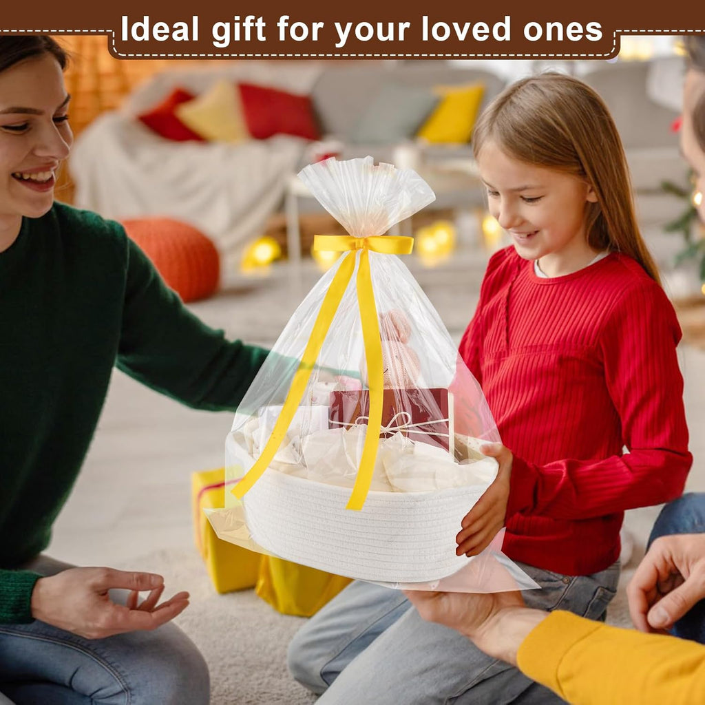 OIAHOMY Woven Gift Basket - Stylish Nursery Organizer with Handle, Gift Bag & Tissue Paper | White
