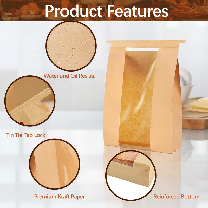 EUVBOKW 120 Pcs Bread Bags for Homemade Bread with Window and120 Sealing Stickers Sourdough Bread Bags for Storage of Bread 13.7x8.3x3.7 Inches Tin Tie Tab Lock Large Bakery Paper Bags