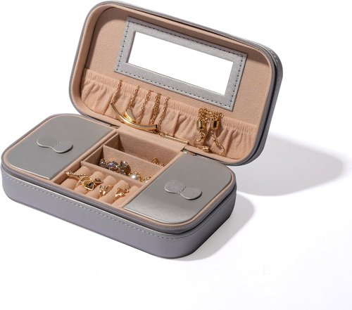 BINO Jewelry Case - Portable Stylish Organizer with Mirror for Earrings, Rings & Necklaces | Silver