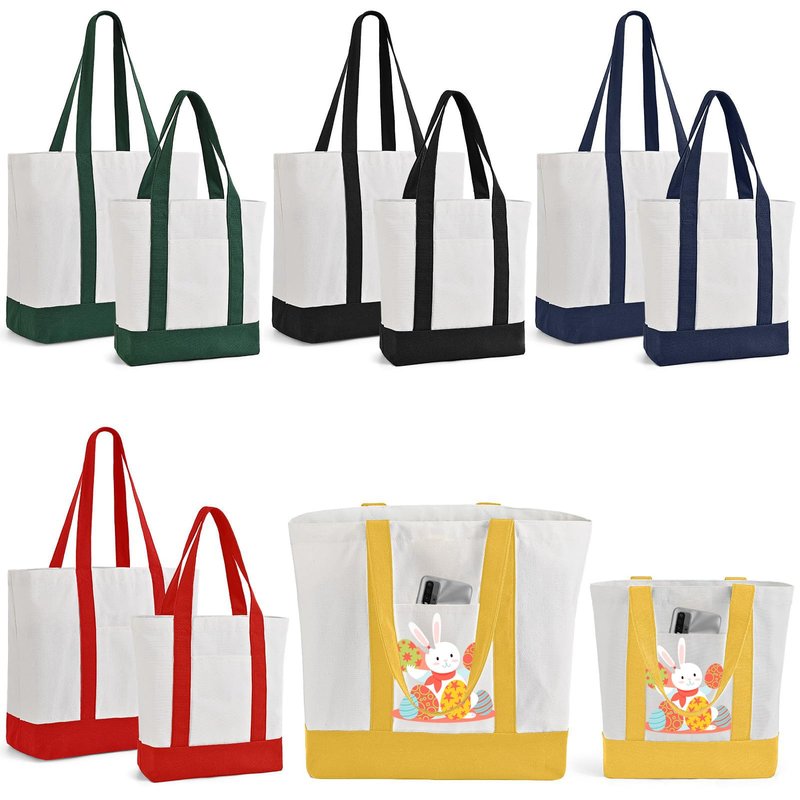 10Pcs Canvas Tote Bag Bulk with Outer Pocket, 12oz Cotton Blank Canvas Tote Bags 19 x 14.6Inch, 13 x 11Inch Reusable Grocery Bags Shopping Cloth Bags for Women, Mother's Day (5 Set Large & Medium)