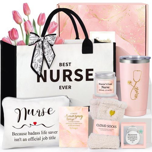 Suhctuptx Nurse Gifts for Women, Rn Appreciation Gift Set Nurses Week Set Graduation Box Christmas Basket for Nurses Female Nursing Student with Canvas Beach Tote Bag Tumbler Keychain Pink