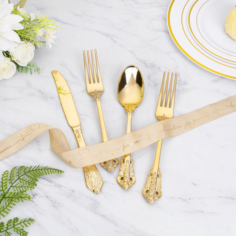 WDF 120PCS Gold Plastic Silverware - Heavy Duty Gold Plastic Cutlery Set Disposable Utensils - 40 Forks, 40 Spoons, 40 Knives, Perfect for Party Weeding Daily Use Baby Showe Spring