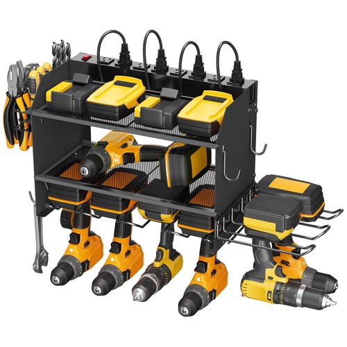 CCCEI Modular Power Tool Organizer Wall Mount Charging Station, Black 6 Drills Holder with 8 Plug Power Strip 10FT, Garage Drill Battery Heavy Duty Metal Shelf, Utility Rack with Hooks, Side Storage.