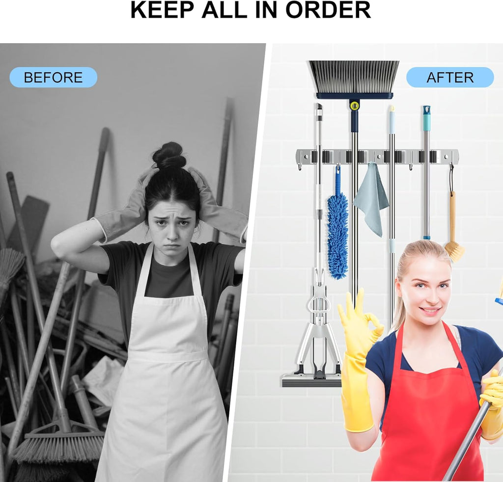 Nacena Broom Holder - Wall Mount Mop Hanger with 4 Racks & 5 Hooks | Heavy-Duty Stainless Steel Organizer for Home