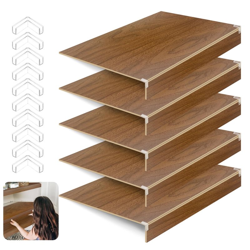 5 Pack Wooden Wire Rack Cover 24 * 12IN Shelf Covers with Back Felt Clamp Fixed Pantry Shelf Cover for Removable Closet Bathroom Kitchen (Walnut)