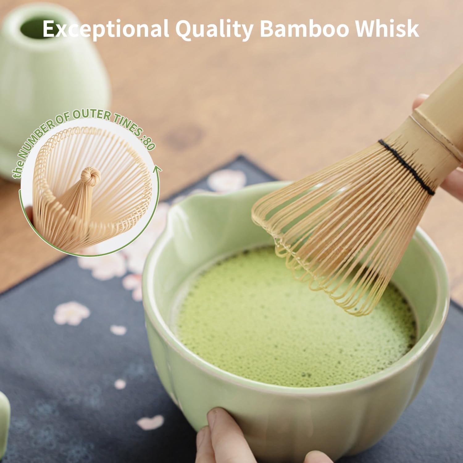 Matcha Whisk Set of 8 - HTRCXB Ceramic Matcha Set, Include Matcha Bowl, Matcha Whisk and Holder, Bamboo Scoop, Measuring Spoon, Scoop Rest, Sifter and Tea Towel - Matcha Kit Gift for Matcha Lovers