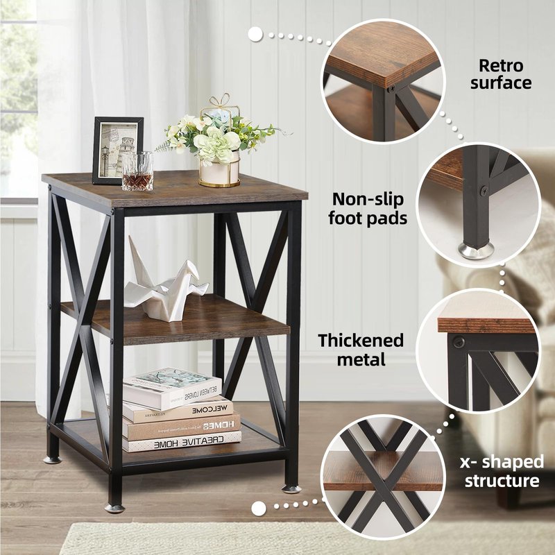 TooCust Square End Table with Storage Shelf, 16" D X 16" W X 24" H, 3-Tier End Table Living Room, Rustic Brown End Tables, X-Shaped Night Stand for Bedroom, Farmhouse Wood End Tables