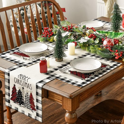 Artoid Mode Waterclor Buffalo Plaid Christmas Trees Placemats Set of 12, 12x18 Inch Winter Table Mats for Outdoor Home Party Kitchen Dining Decor