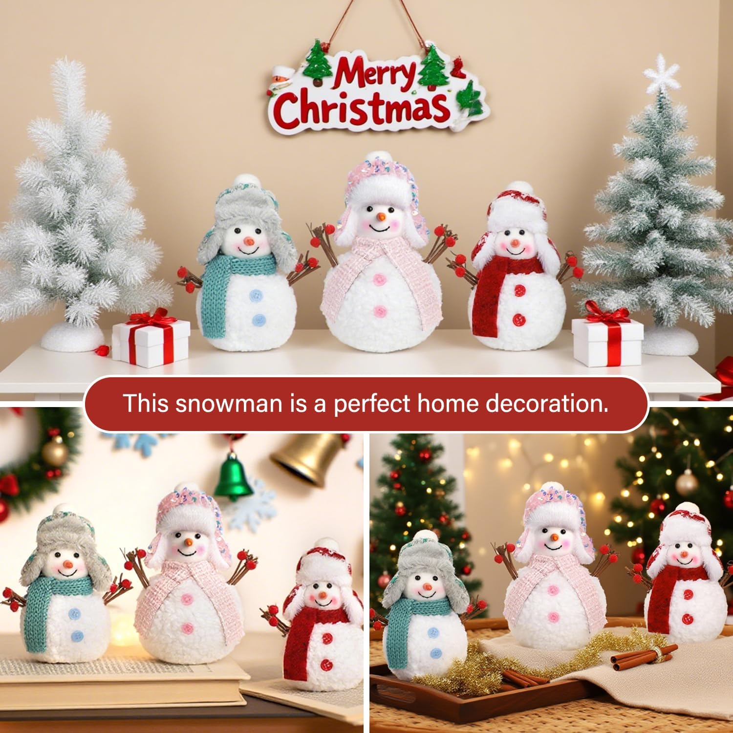 Skiennix Christmas Snowmen Plush Decorations - Set of 3 Collectible Figurines for Festive Home Decor