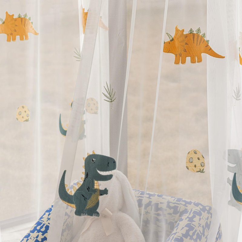 KMSG Cartoon Dinosaur Sheer Kids Curtains Embroidery Voile Drapes Nursery Curtains for Children Boys Baby Bedroom Living Room Light Filtering Window Tratement Grommet Top 1 Panel W52 x L96 Inch