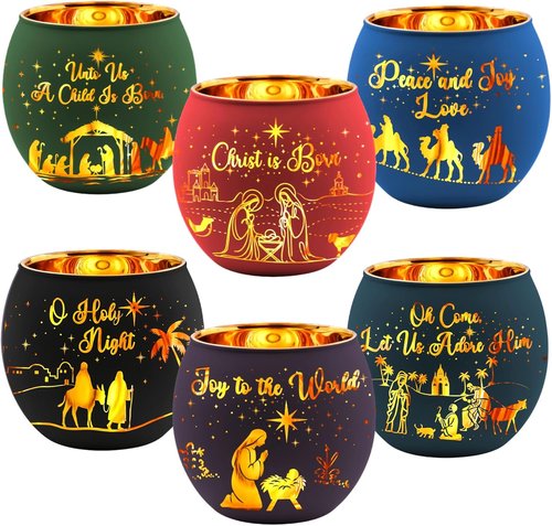 Jingmore Christmas Nativity Scene Votive Candle Holders - 6 Pcs Glass Set with Laser Engraved Designs for Holiday Decor