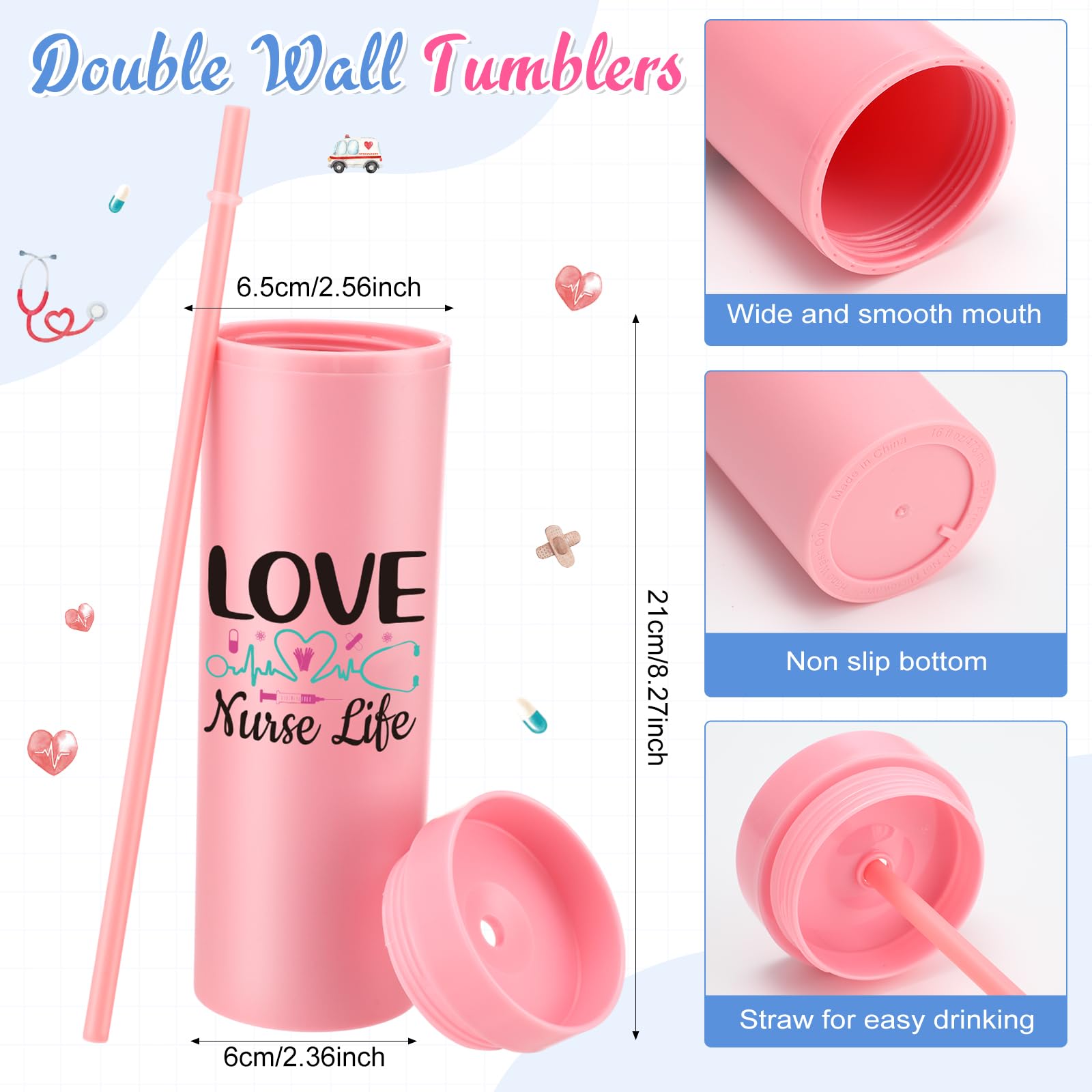 Jinei 12 Sets Nurse Appreciation Gifts Bulk, 16 oz Thank You Nurse Tumblers with Lids and Straws, Positive Cards with Bowknot for Women Men Holiday Office Party Favor(Elegant)