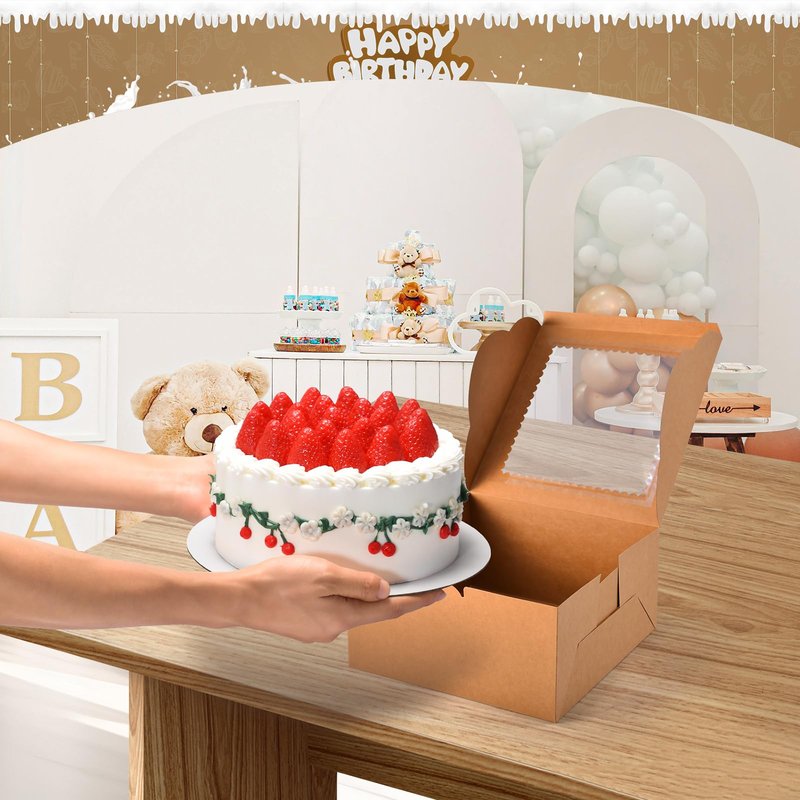 DOYIDE 32Pcs 10 Inch Cake Boxes with Cake Boards (16Pcs Brown Cake Boxes, 16Pcs Cake Boards), 10x10x5 Inch Bakery Boxes with Window, Cake Carrier Container for Birthday Party, Wedding