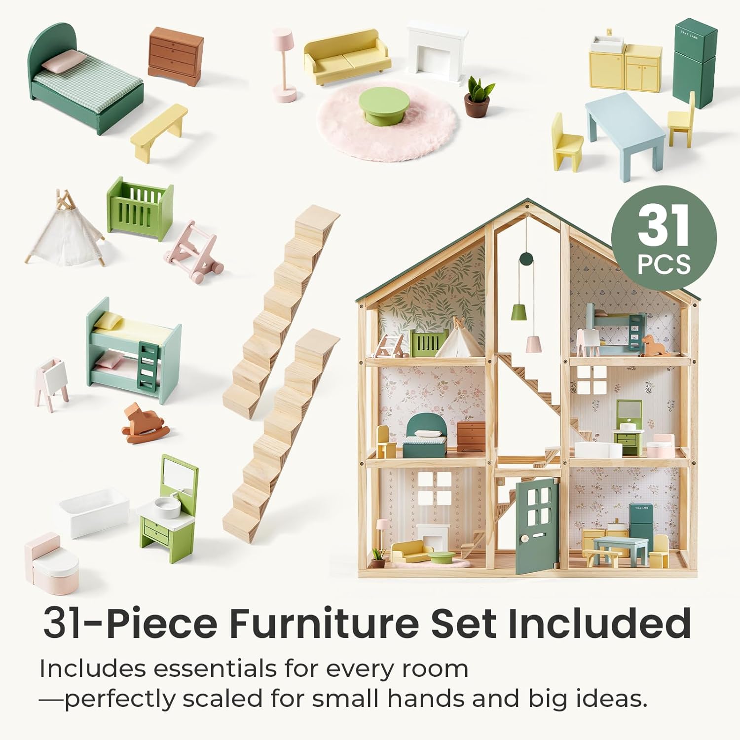 Tiny Land Wooden Dollhouse - 6 Rooms DIY Dollhouse with 31 Furniture Accessories | Creative Gift for Girls Ages 3+
