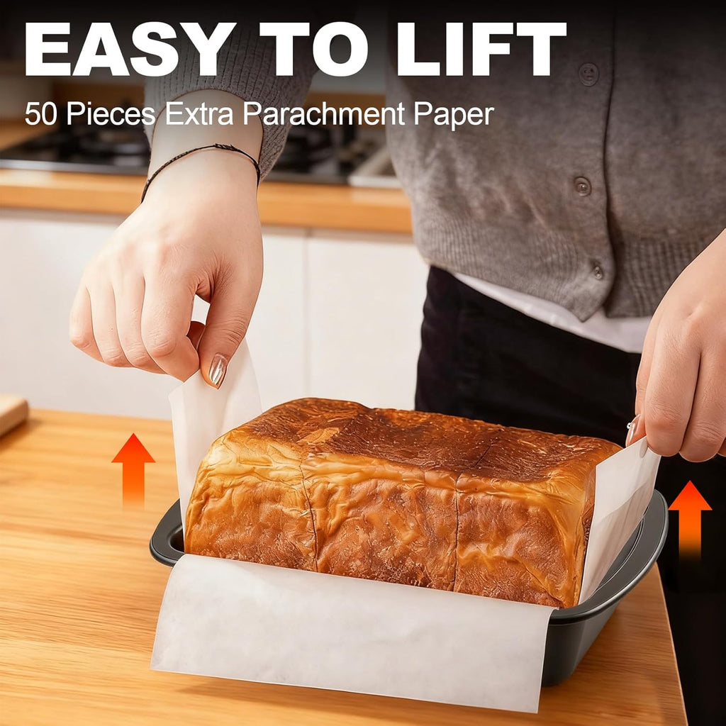 Premium Carbon Steel Non-Stick Loaf Pan - 2-Pack with 50 Parchment Paper Liners | 10x5 Inch, BPA Free