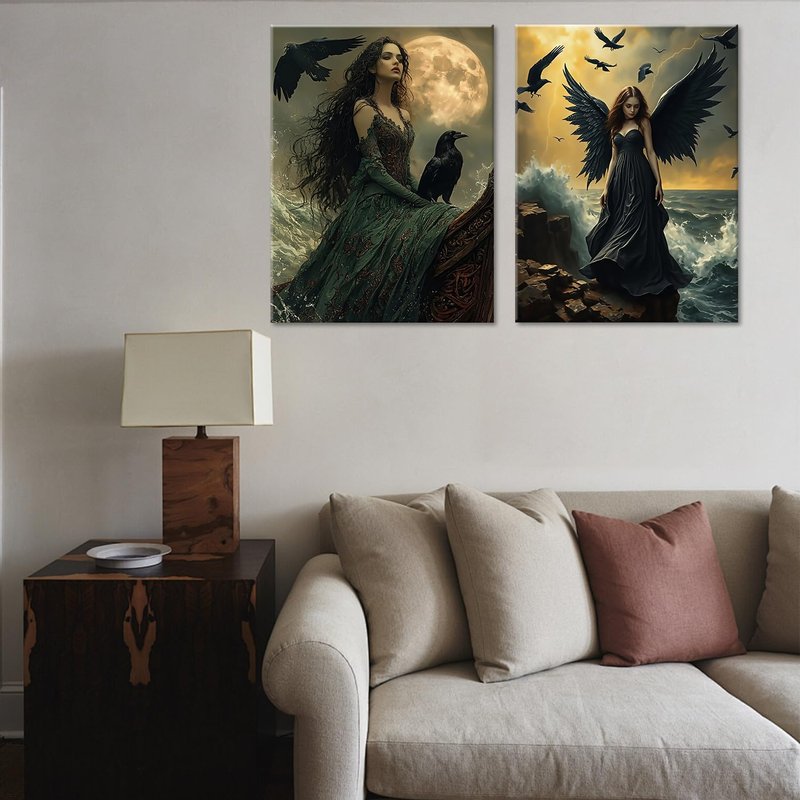 ouiytws Mystic Gothical Wall Art - Dark Fantasy Raven Witch and Black Winged Angel Artwork, Ocean and Moon Theme Canvas Print, Gothic Decor for Bedroom and Living Room, 2 Panels (16"x24" Each)