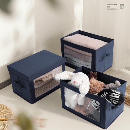 Homsorout Foldable Storage Boxes - Clear Window Clothes Organizers, Navy Blue, 3 Pack