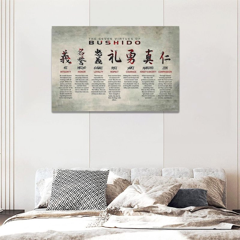 Japanese Samurai Wall Art 7 Virtues of Bushido Code Pictures Wall Decor Japanese Warrior Room Poster Canvas Prints Framed Modern Inspirational Painting Artwork for Bedroom Office Bathroom 24"x16"