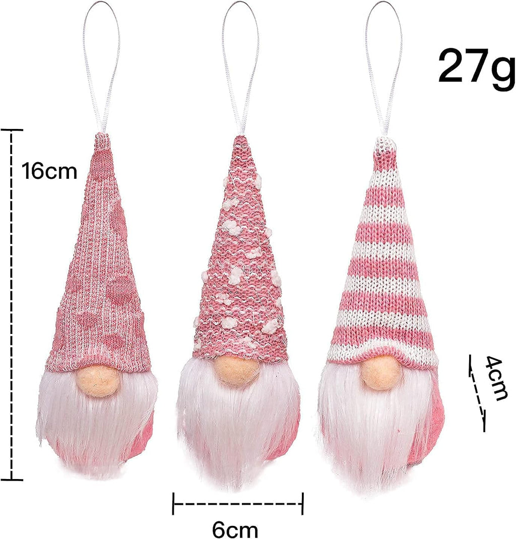 Skiennix Gnome Christmas Ornaments - Set of 3 Plush Tomte Santa Gnomes for Holiday Decor | Pink