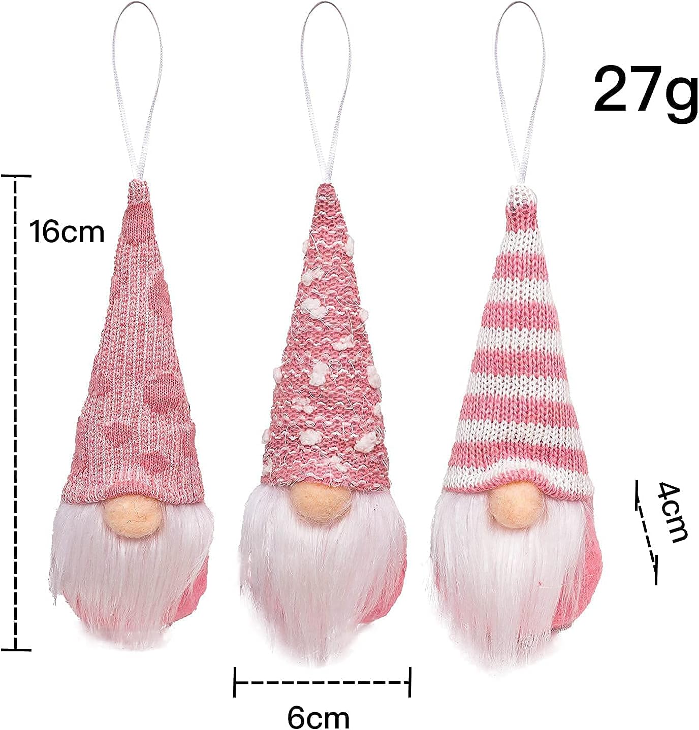 Skiennix Gnome Christmas Ornaments - Set of 3 Plush Tomte Santa Gnomes for Holiday Decor | Pink